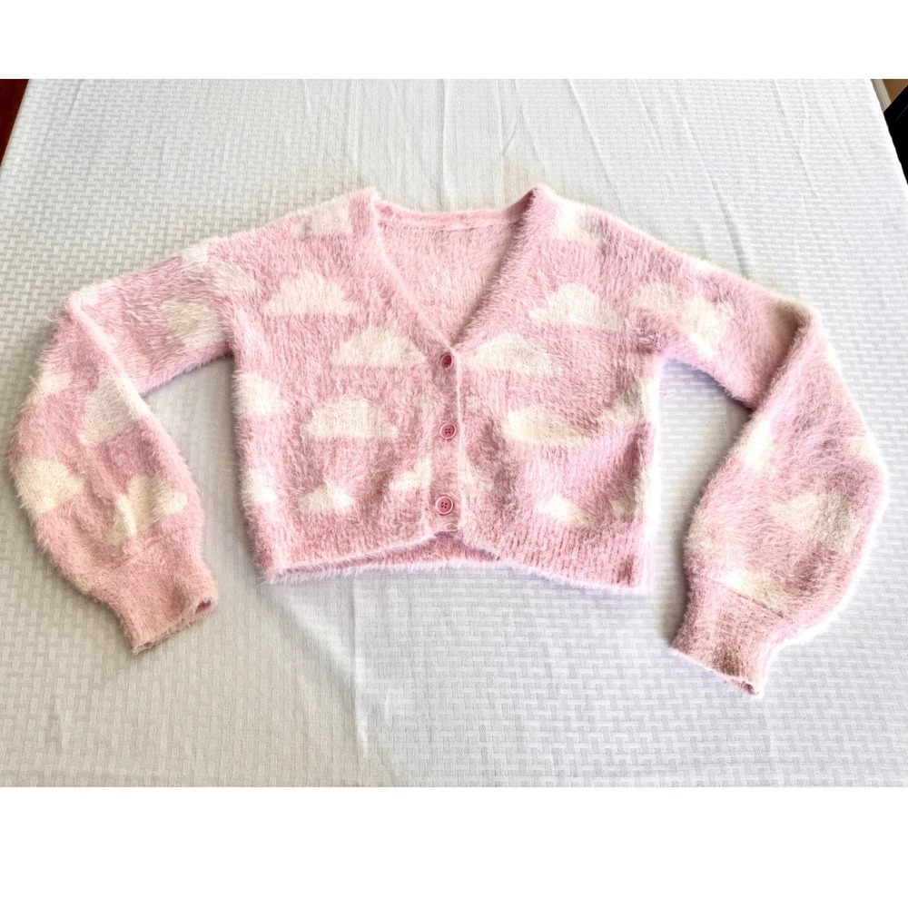 Pink Cloud Fuzzy Eyelash Cropped Cardigan Sweater Pastel Coquette Soft Girl